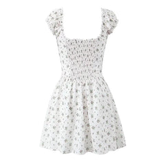 French Style Floral Print Dress Women Sexy V Neck Short Sleeve A-line Mini Summer Dresses Casual Holiday Robe