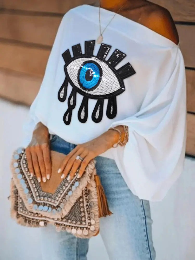 Female Fashion Causal Blue Eye Applique Solid Color Cool Shoulder T-Shirts Summer Loose Puff Sleeves White Tops For Women voguable