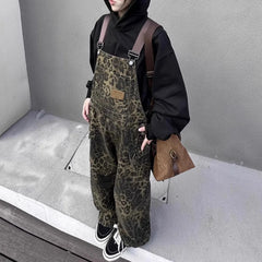Women Leopard Jumpsuits Y2k Clothes Streetwear Wide Leg Baggy Jumpsuits Multi-Pocket Loose Cargo Overalls Rompers voguable