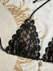 Voguable Sexy Black Lace Micro Bikini Women Metal Ornament Ruffles Push Up Bra Thong Swimwear Summer Bathing Suit Holiday Swimsuit voguable