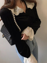 Voguable Autumn Velvet Shirts Tops Women Lace Patchwork Fashion Ruffle Long Sleeve Ladies Blouses Vintage Korean Loose Woman Shirt voguable