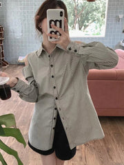 Hollow Out Striped Shirt Women Casual Long Sleeve Off Shoulder Blouse Korean Vintage Loose Design Female Retro Elegant Top voguable