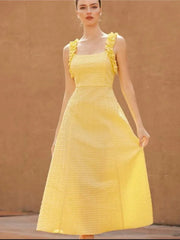 Fashion French Yellow Suspender Dress Long Dress 2025 Summer Ruflle Square Collar New Dress A-line Simple Fashion Woman Clothing voguable