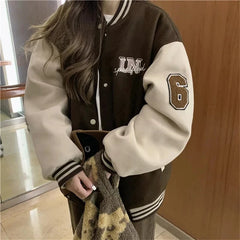 Y2k Varsity Bomber Jacket Women Red Brown Korean Fashion Winter Coat Vintage Baseball Jackets Hip Hop Streetwear Outerwear Tide voguable