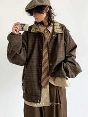 Spring Autumn Japanese Retro Plaid Jacket Men Women Couples College Style Splicing Embroidery Casual Loose Trend Jacket Urban voguable