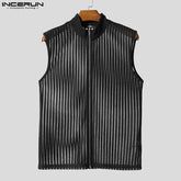 Summer Men's Tank Tops Striped Mesh Transparent Zipper Sleeveless Male Vests Streetwear Sexy 2025 Fashion Men Clothing voguable