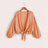 Voguable Summer Solid Color Lightweight Loose Fit Women's Long Sleeved Cardigan New Simple Strap V-neck Casual Short Beach Cover voguable