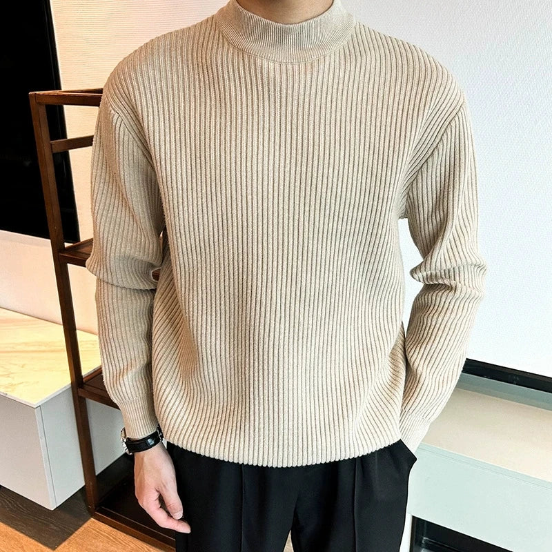 New Korean Retro Men Basic Sweaters Luxury Knit Solid Color Mock Neck Long Sleeve Pullover Casual Textured High Quality Knitwear voguable