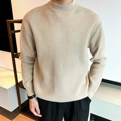 New Korean Retro Men Basic Sweaters Luxury Knit Solid Color Mock Neck Long Sleeve Pullover Casual Textured High Quality Knitwear voguable