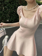 Voguable Gentle Style Sweet Beauty New Sweet and Spicy Puff Sleeve Waist-hugging Square Neck Temperament Short-sleeved Dress voguable
