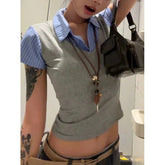 Voguable Vintage Striped Patchwork Shirt Women Korean Fashion Slim Short Sleeve Top Summer Casual Harajuku Preppy Style Crop Blouse voguable