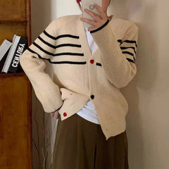 Striped Knit Cardigan Sweater with Heart-shape Button Front V-Neck Sweater Jacket Female Autumn Winter French Chic Cute Outfit voguable