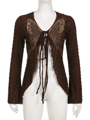 Voguable Lace Butterfly Patchwork Cardigan Top for Women Y2K Aesthetics Brown Bandage Long Sleeve T Shirts Grunge Fairycore voguable