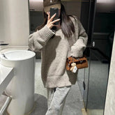 Voguable Autumn Winter Retro V-neck Gray Pullover Sweater Women Lazy Style Loose High-end Temperament Knitted Korean Style Top voguable