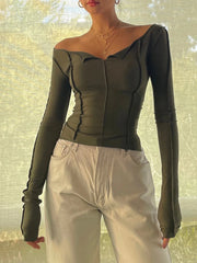 Women Autumn T-shirt Long Sleeve Boat Neck Spliced Slim Fit Shirts Solid Color Korean Fashion Kawaii Y2K Crop Tops Streetwear