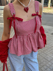 Women Plaid Tank Tops Spaghetti Strap Square Neck Peplum Cami Top Ruffle Smocked Going Out Camisole voguable