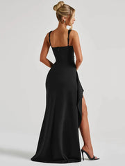 Black Backless Sexy Maxi Dress For Women Gown Spaghetti Strap Sleeveless Thigh High Split Club Evening Long Dress voguable