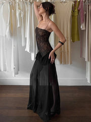 Lace Spaghetti Strap Sexy Maxi Dress Women Fashion Patchwork Sleeveless Backless See Through Club Party Long Dress voguable