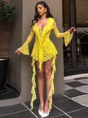 Lace Ruffled Sexy Mini Dress For Women Robe Deep V Neck Flare Long Sleeve Draped A-line Club Party Dress Vestido voguable