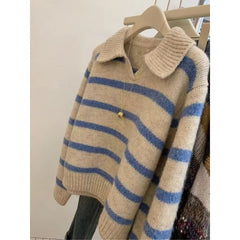 Voguable Lapel Blue Striped Autumn Winter Sweater Long-sleeved Sweater Pullover Top Layered Versatile Short Style voguable