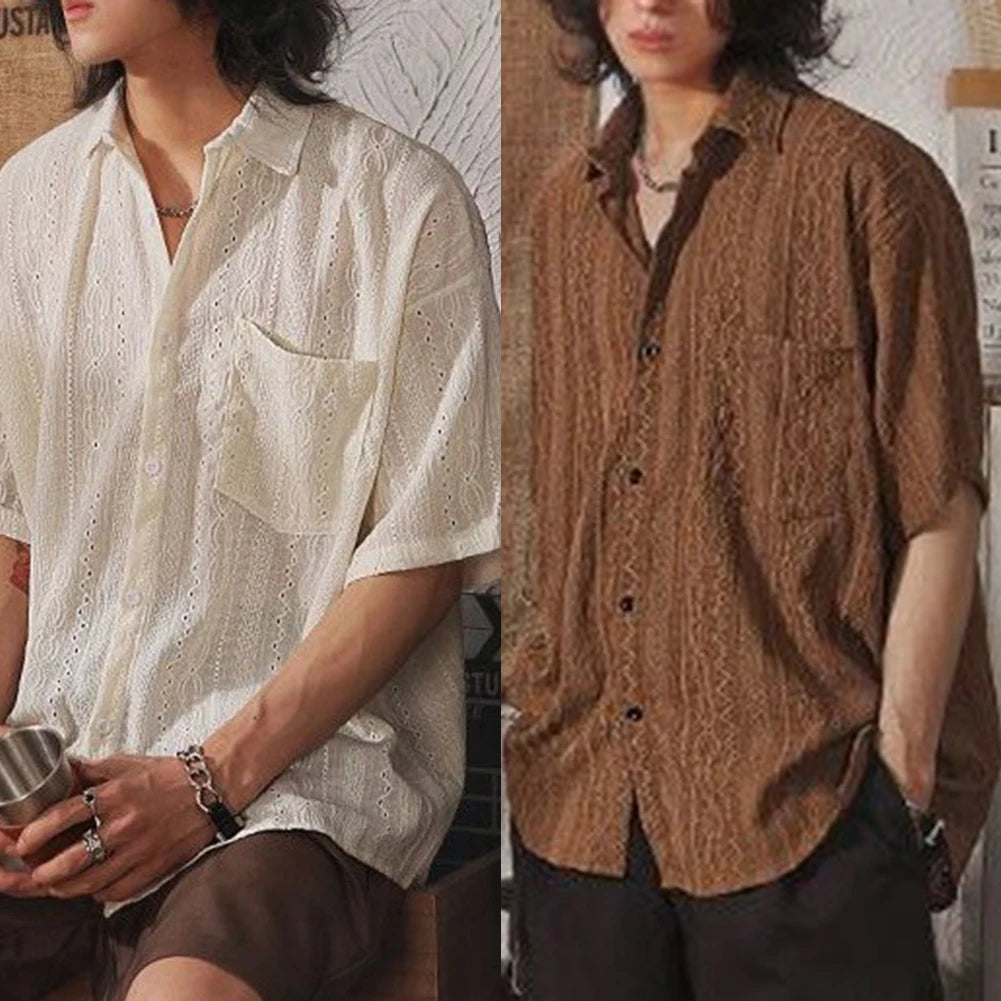 Men Casual Loose Hollow Out Short Sleeve Shirts with pockets Retro Fashion Vacation/Daily All-Match Tops Solid Color voguable