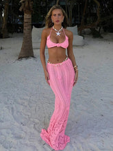 Knit Flower Lace-up Skirt Two Pieces Sets For Women Patchwork Pink Crop Tops And Slim Fit Long Skirt Two Pieces Sets voguable