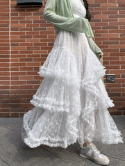 Voguable Elegant Long Multi Layer Mesh Skirt for Women Elastic Waist A-Line Summer Skirt Woman Sweet White Lace Patchwork Cake Skirts voguable