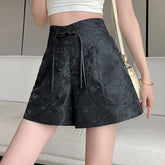 Voguable Summer Women Retro Chinese Style Jacquard Button Shorts Fashion Versatile High Waist Women's A-line Thin Wide Leg Shorts voguable