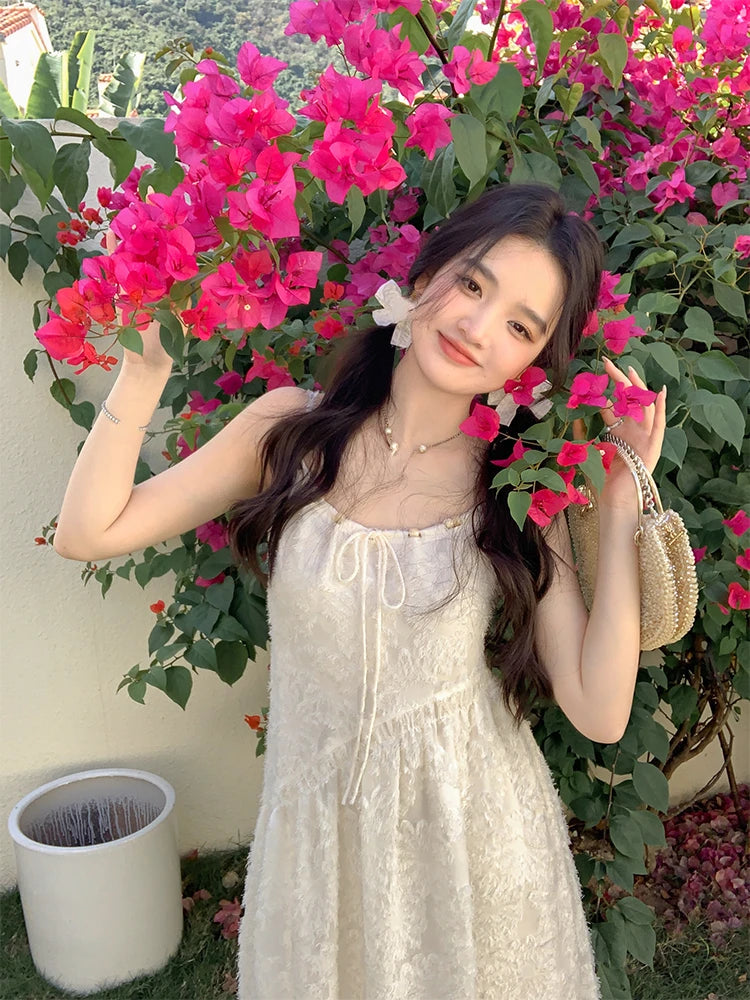 Voguable 2024 Spring Elegant Floral Midi Dress Women Casual Y2k Clothing White One Pice Dress Korean Beach Style Slim Party Dress Chic voguable