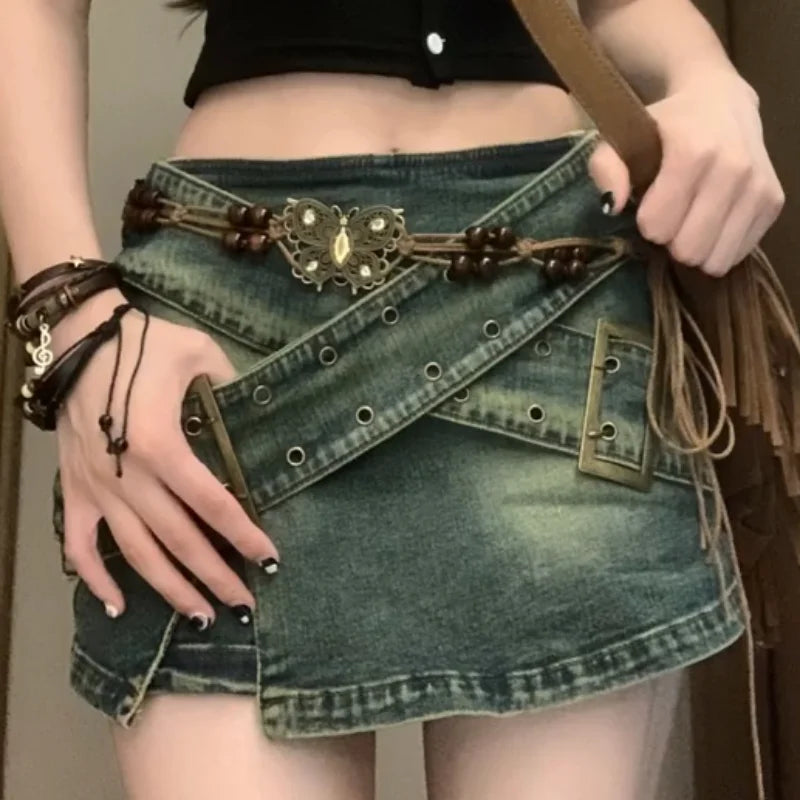 Voguable Vintage Oversize Washed Old Denim Skirts Women New Summer Spice Girl Irregular A- Line Wide Leg Female Blast Street Denim Skirt voguable