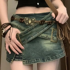 Voguable Vintage Oversize Washed Old Denim Skirts Women New Summer Spice Girl Irregular A- Line Wide Leg Female Blast Street Denim Skirt voguable