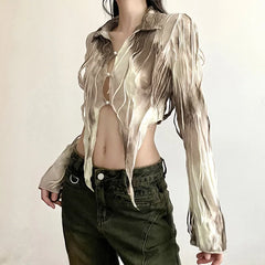 Goth Dark Tassel Tie Dye Fairy Grunge Sexy Blouses Gothic Vintage Y2k Frayed Women Crop Tops Streetwear Long Sleeve Slim T-shirt voguable