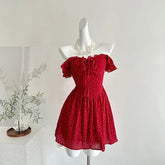 Women's Sexy Hotgirl Dot Dresses Summer French Slash-Collar Slim Fit Hollowed Waist Lace-up A-Line Short Skirt 2025 New Fashion voguable