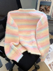 Women Chic Rainbow Sweater Loose Cute O Neck Long Sleeve Knitted Jumpers Fall Winter Lazy Wind Japan Fashion Sweet Pullover voguable