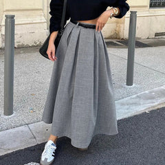 Retro Chic High Waist Gray Elegant Women Skirt Solid Color Zipper Pleat Long Skirt Fashion Office Lady Woman Clothing 2025 New voguable