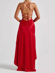 Satin Spaghetti Strap Ruffled Sexy Maxi Dress For Women Gown Red Off-shoulder Sleeveless Backless High Split Long Dress voguable