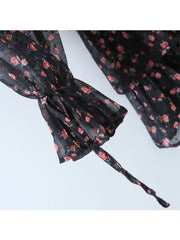 Fashion Women Vintage Floral Print Chiffon Dress Sexy Semi-Sheer Long Sleeve Layered Ruffle Ladies Short Dress