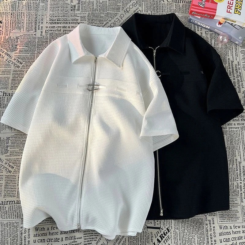 Niche Design Zipper Shirt Men's Short-sleeved Summer 2025 New Waffle High-end Casual Shirt Hip Hop Unisex Zipper Blouse voguable