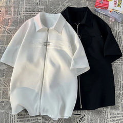 Niche Design Zipper Shirt Men's Short-sleeved Summer 2025 New Waffle High-end Casual Shirt Hip Hop Unisex Zipper Blouse voguable