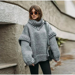 Women Solid Knit Turtlrneck Sweater Casual Oversize Lantern Long Sleeve Thick Warm Pullover New Autumn Winter Loose Top Knitwear voguable