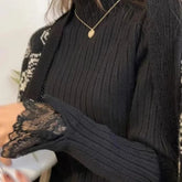 Autumn Winter New Sweaters Women Solid Mock Neck Lace Temperament Fashion Long Sleeve Slim Pullovers Bottoming Shirt Knit Tops voguable