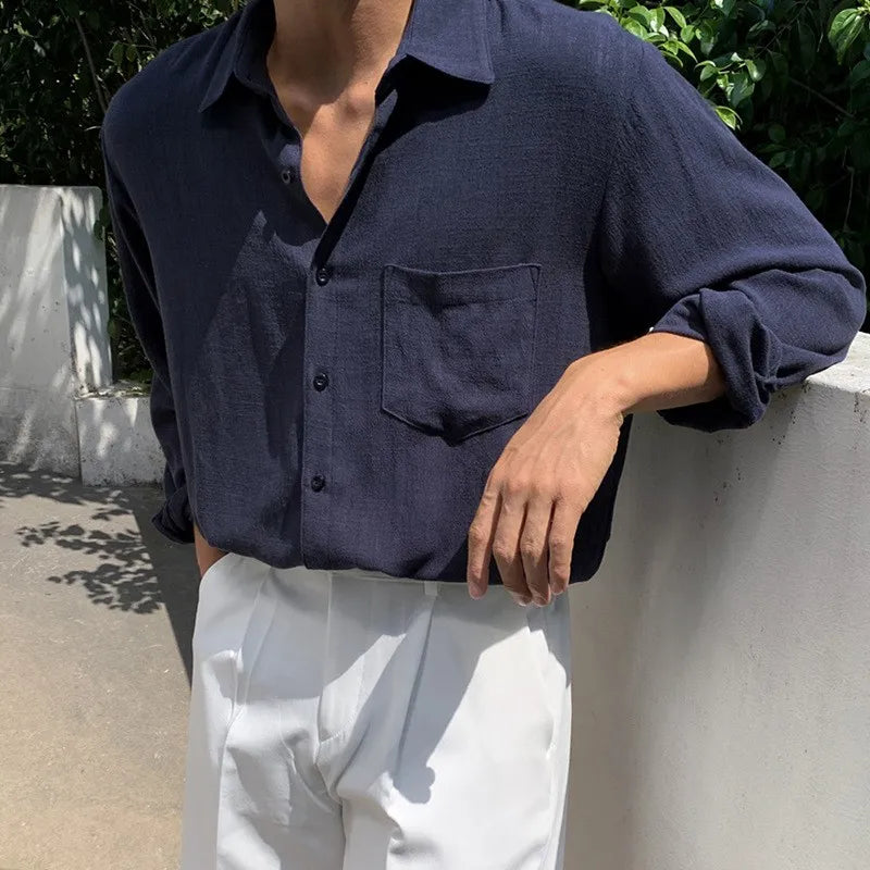 Men's Clothing Light Luxury Korean Popular Linen Shirts Streetwear Long Sleeve Solid Color Retro Leisure Thin Pocket Blouse voguable