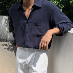 Men's Clothing Light Luxury Korean Popular Linen Shirts Streetwear Long Sleeve Solid Color Retro Leisure Thin Pocket Blouse voguable