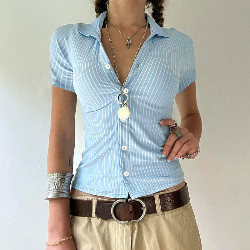Casual Striped Print Blouse Women Button Up Short Sleeve Basic Knitted Crop Tops y2k Aesthetic Basic T-shirts Streetwear voguable