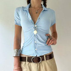 Casual Striped Print Blouse Women Button Up Short Sleeve Basic Knitted Crop Tops y2k Aesthetic Basic T-shirts Streetwear voguable