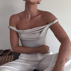Off Shoulder Slim Fit Twist Top For Women Sexy Solid Fashion Sleeveless Patchwork Pullover Short T shirt Female Summer voguable