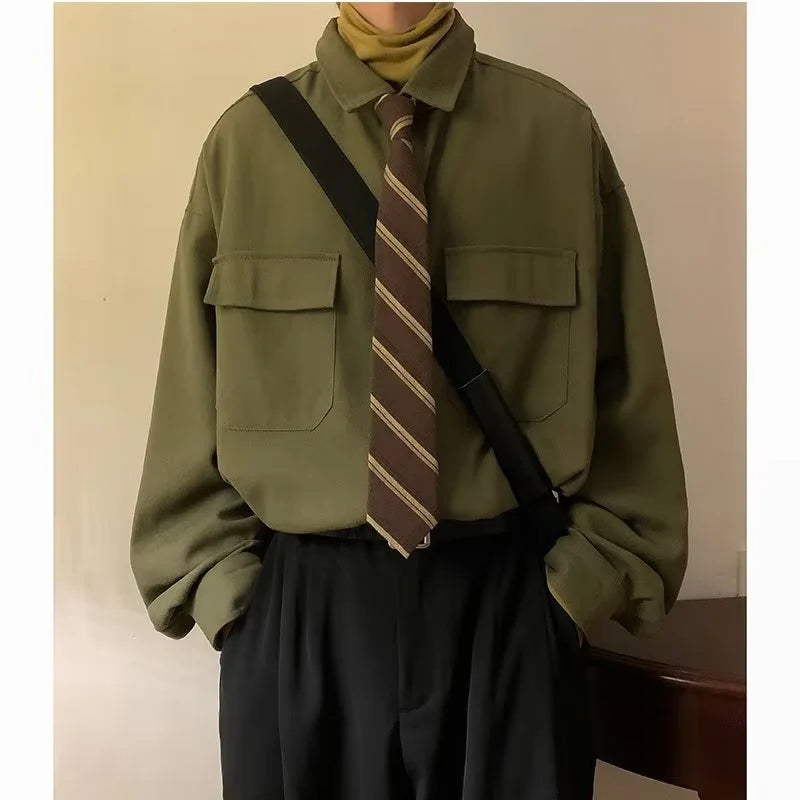 Voguable Autumn Green Black Shirt Men Fashion Social Men Dress Shirt Korean Loose Long Sleeve Shirts Men Pocket Tooling Shirt M-3XL voguable