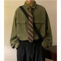 Voguable Autumn Green Black Shirt Men Fashion Social Men Dress Shirt Korean Loose Long Sleeve Shirts Men Pocket Tooling Shirt M-3XL voguable