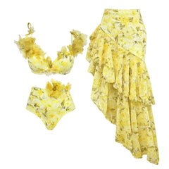 3Pcs Flower Bikinis Sexy Swimsuit Women Swimwear Push Up Bikini Set High Waist Biquini Female Long Skirt Bathing Suit Beachwear voguable