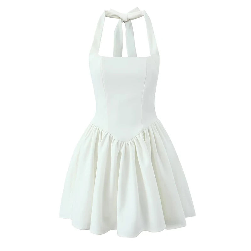 Black White Halter Mini Dress Women Low Waist A-line Pleated Hem Sexy Backless Party Dresses Summer Robe